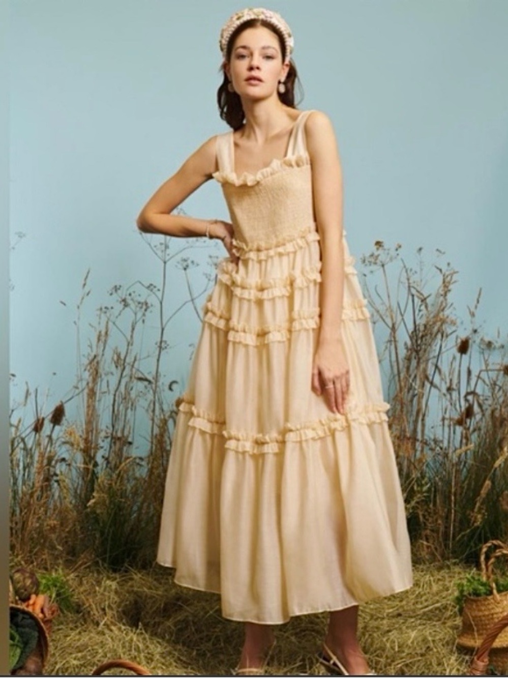 New Sister Jane DREAM Buttercup Ruffle Tier Organza Maxi Dress XS Cream Yellow